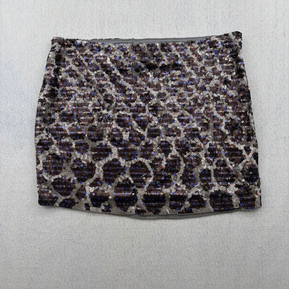 Express Women Sequin Leopard Animal Print Mini Skirt Grey Brown Blue Size Medium